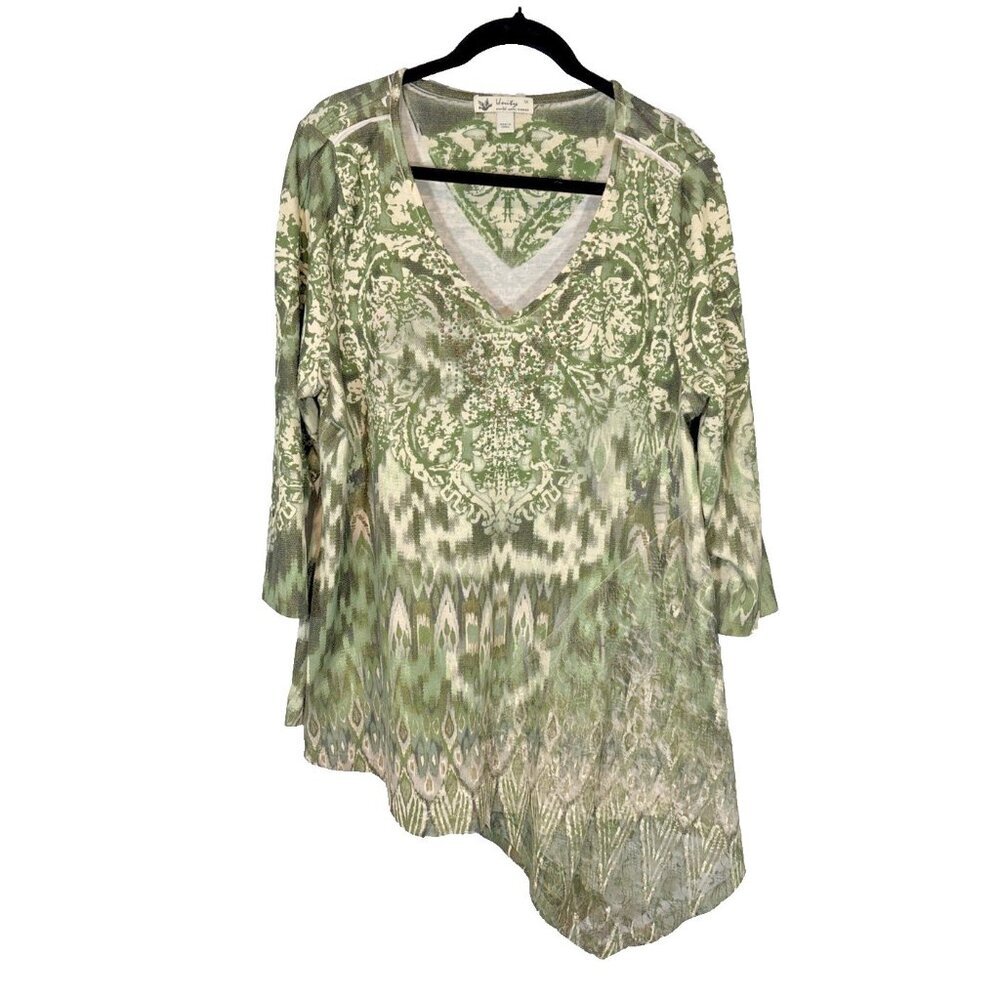 Unity World Wear Women's Top Green Embellished 3/4 Sleeve Boho Size 1X Lagenlook